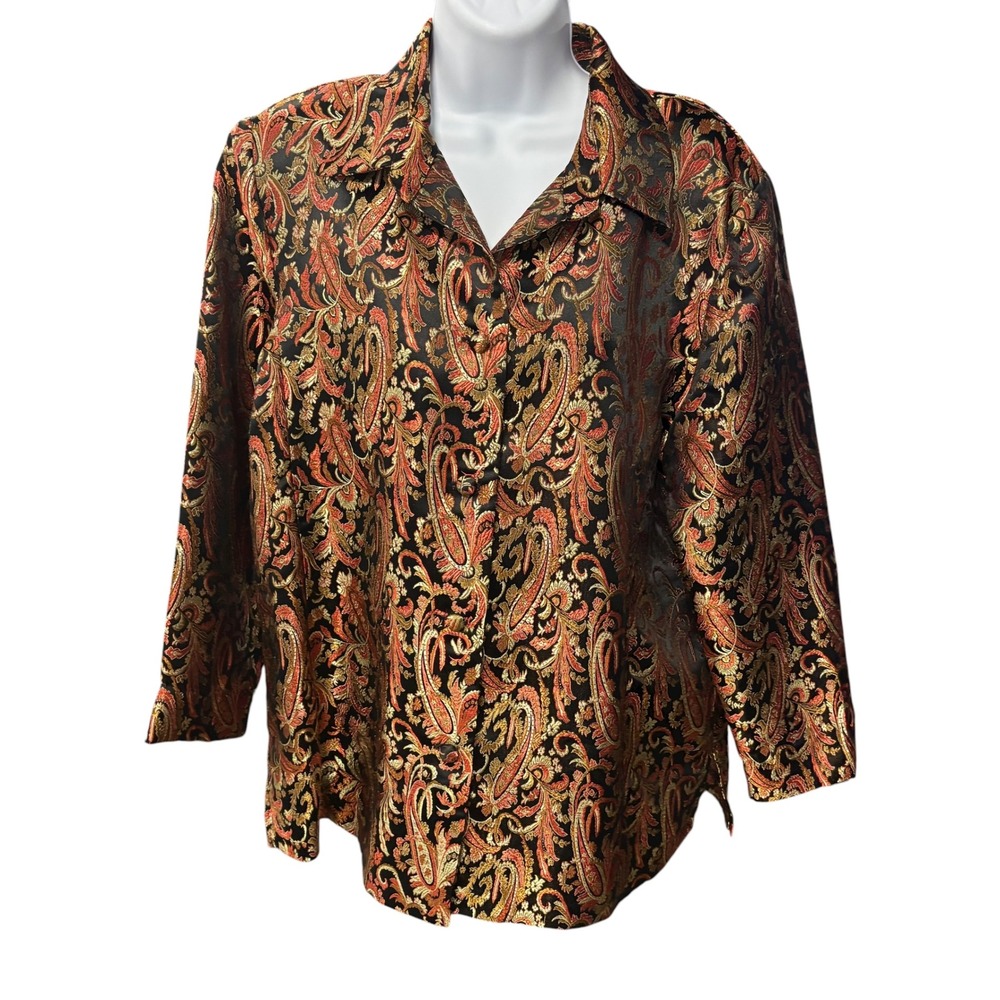 Draper's & Damon's Paisley Blouse Long Sleeve Button Up L Black‎ Red Gold